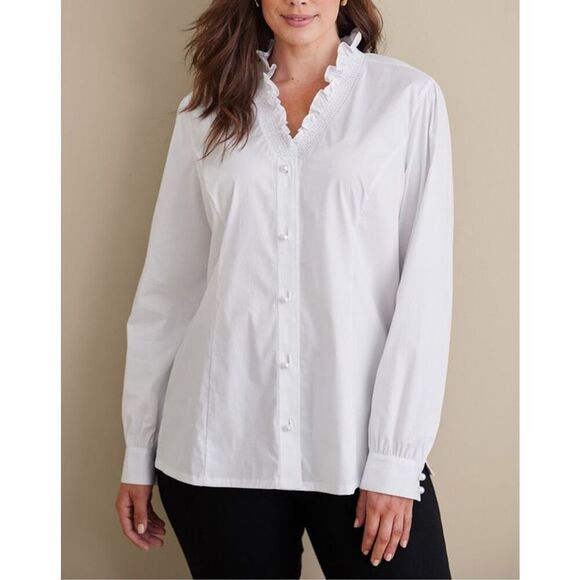 Soft Surroundings Kata Ruffle Collar Shirt 2FY61 White Pearl Buttons L - Picture 1 of 9